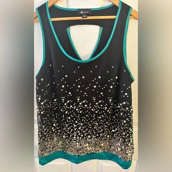 AB Studio Sleeveless Top Black w Gold Sequence and Green Silk like Trim Size XL - Picture 1 of 5